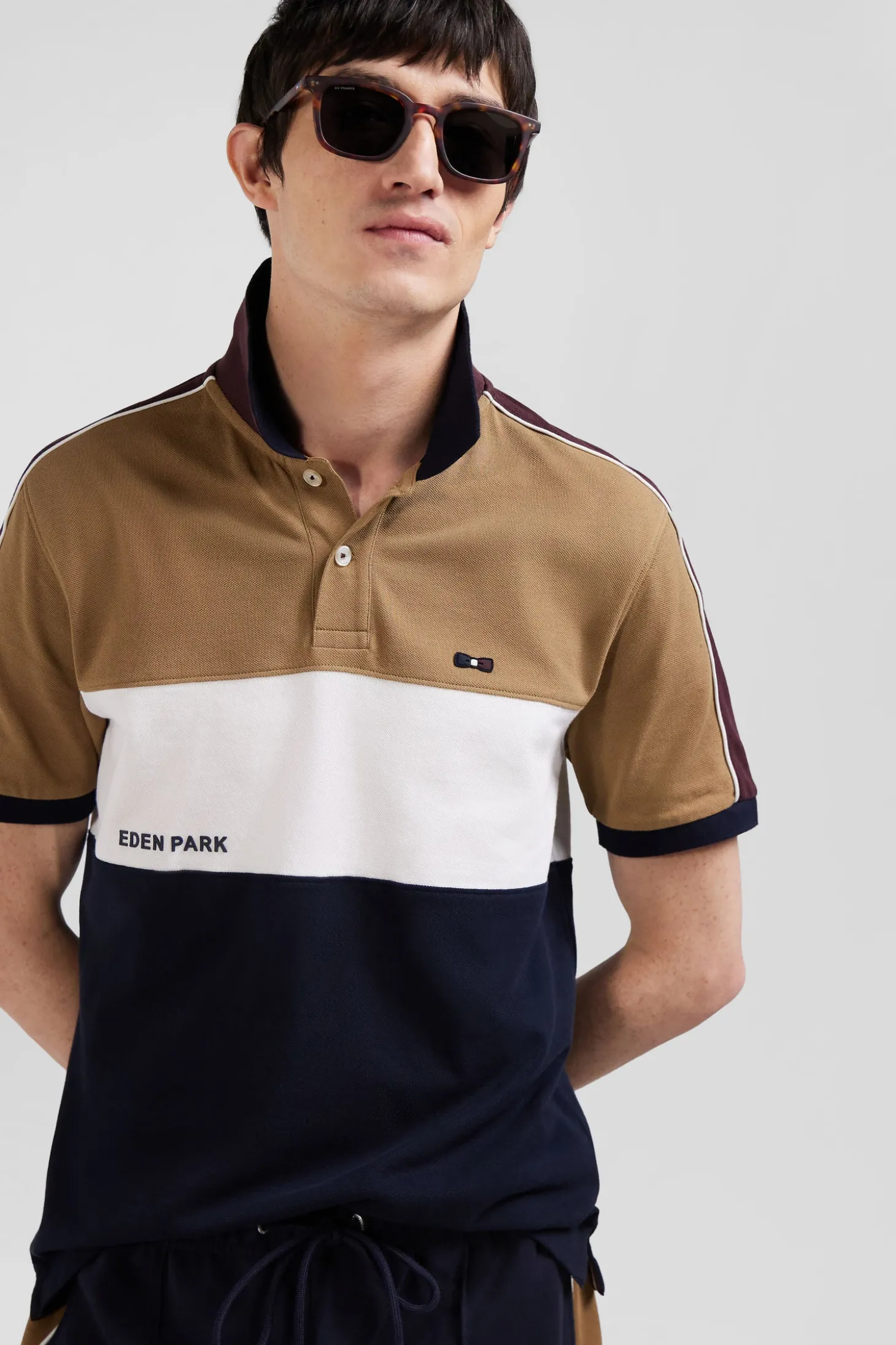 Regular camel tricolor short-sleeved cotton piqué polo shirt with Eden Park lettering