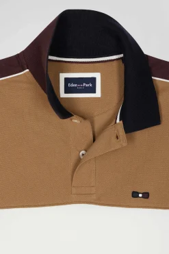 Regular camel tricolor short-sleeved cotton piqué polo shirt with Eden Park lettering