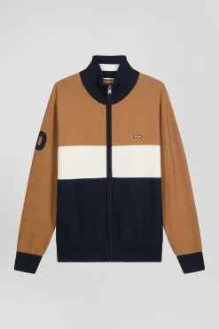 Regular camel tricolour high collar zipped cardigan with N°10 embroidery and knit patterns