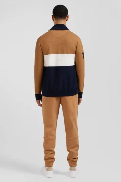 Regular camel tricolour high collar zipped cardigan with N°10 embroidery and knit patterns
