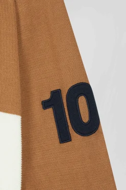 Regular camel tricolour high collar zipped cardigan with N°10 embroidery and knit patterns