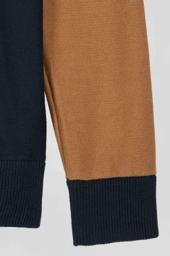 Regular camel tricolour high collar zipped cardigan with N°10 embroidery and knit patterns