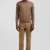 Regular camel wool and cotton V-neck jumper with striped details