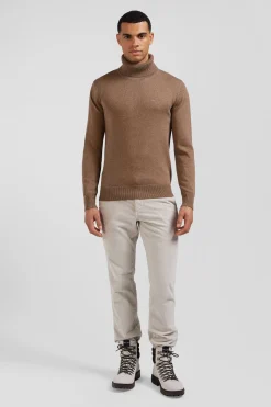 Regular camel wool and cotton turtleneck jumper