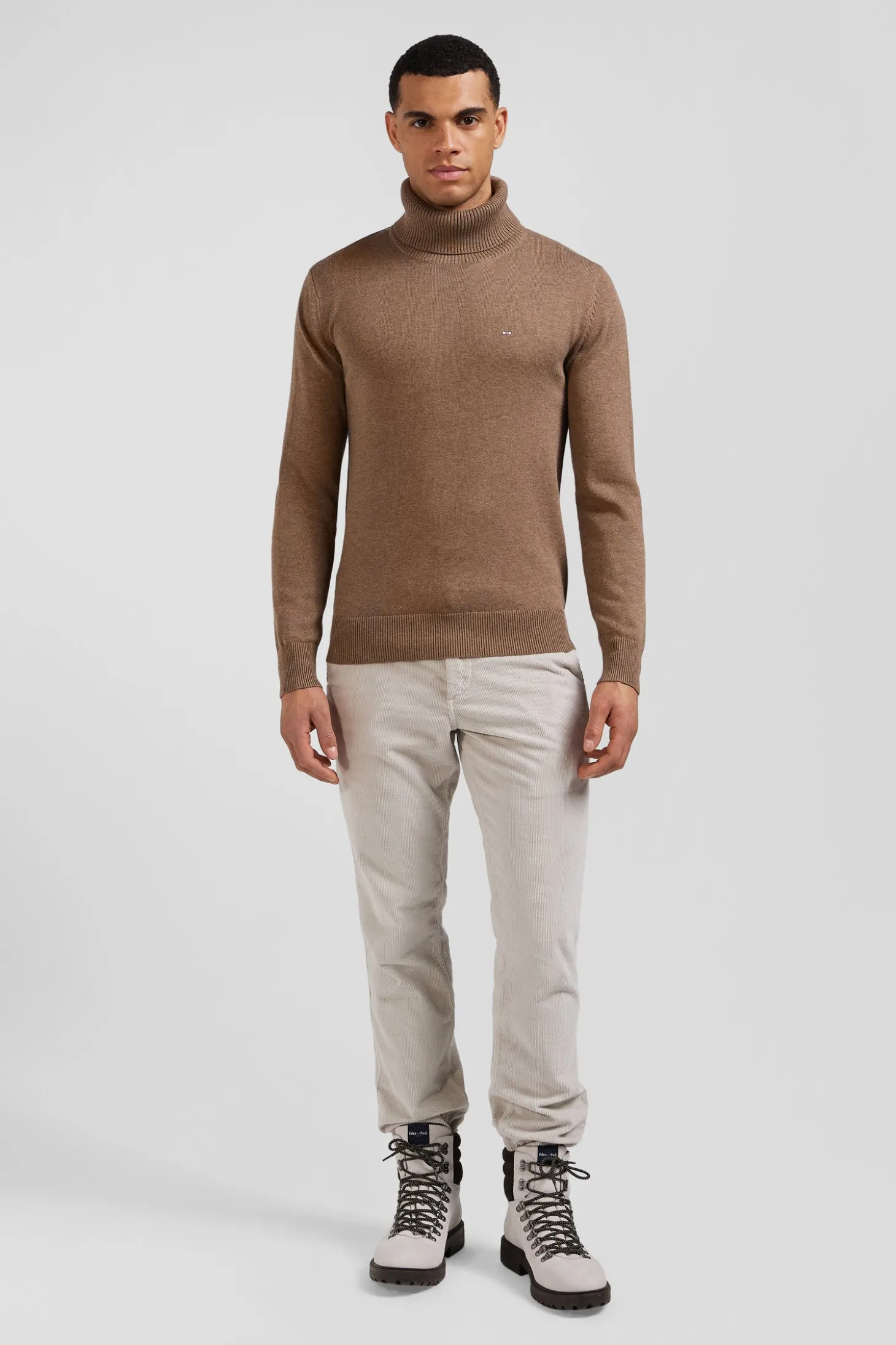 Regular camel wool and cotton turtleneck jumper