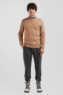 Regular camel wool and cotton crew neck jumper