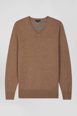 Regular camel wool and cotton V-neck jumper with striped details