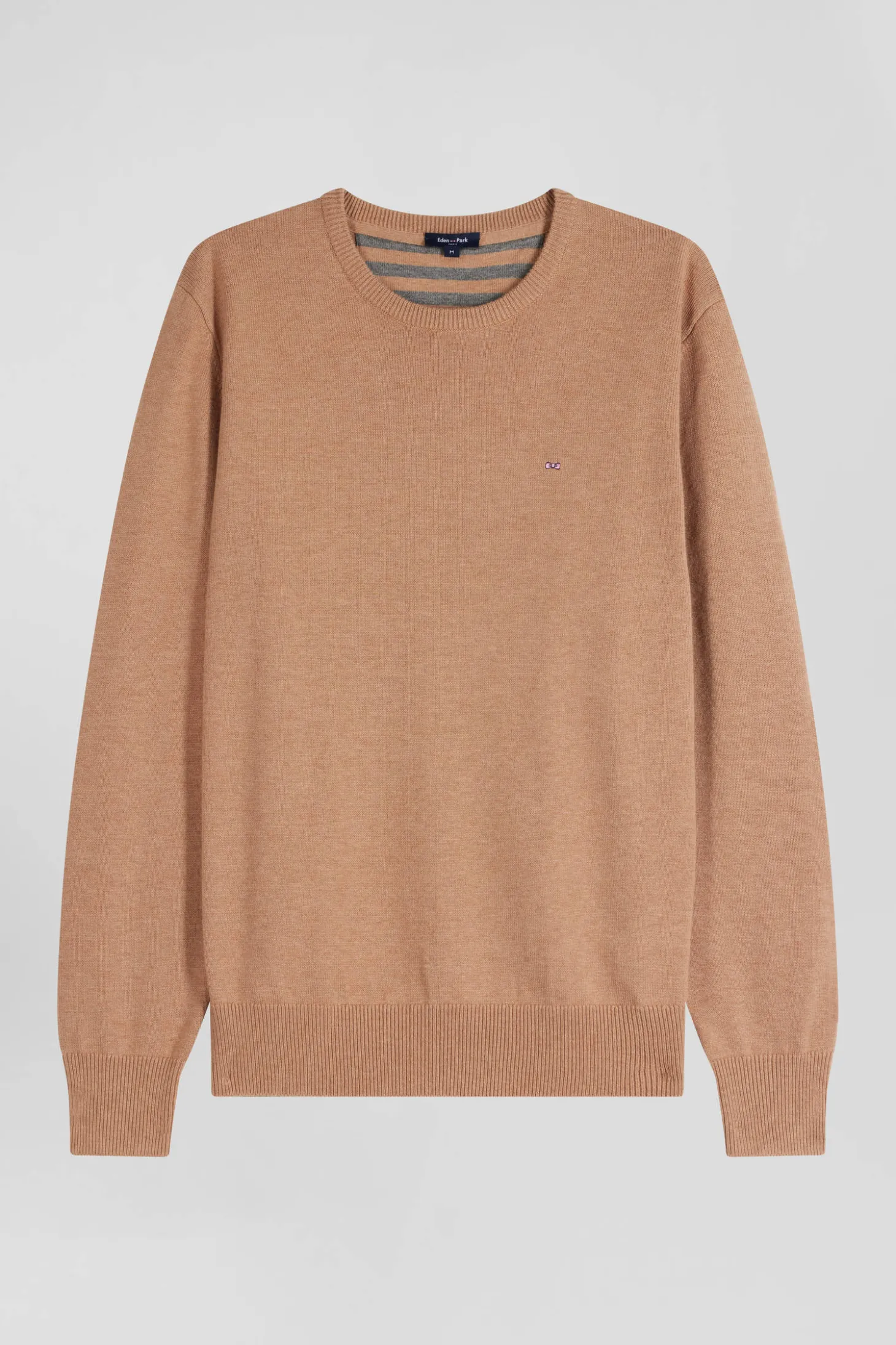 Regular camel wool and cotton crew neck jumper