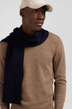 Regular camel wool and cotton V-neck jumper with striped details