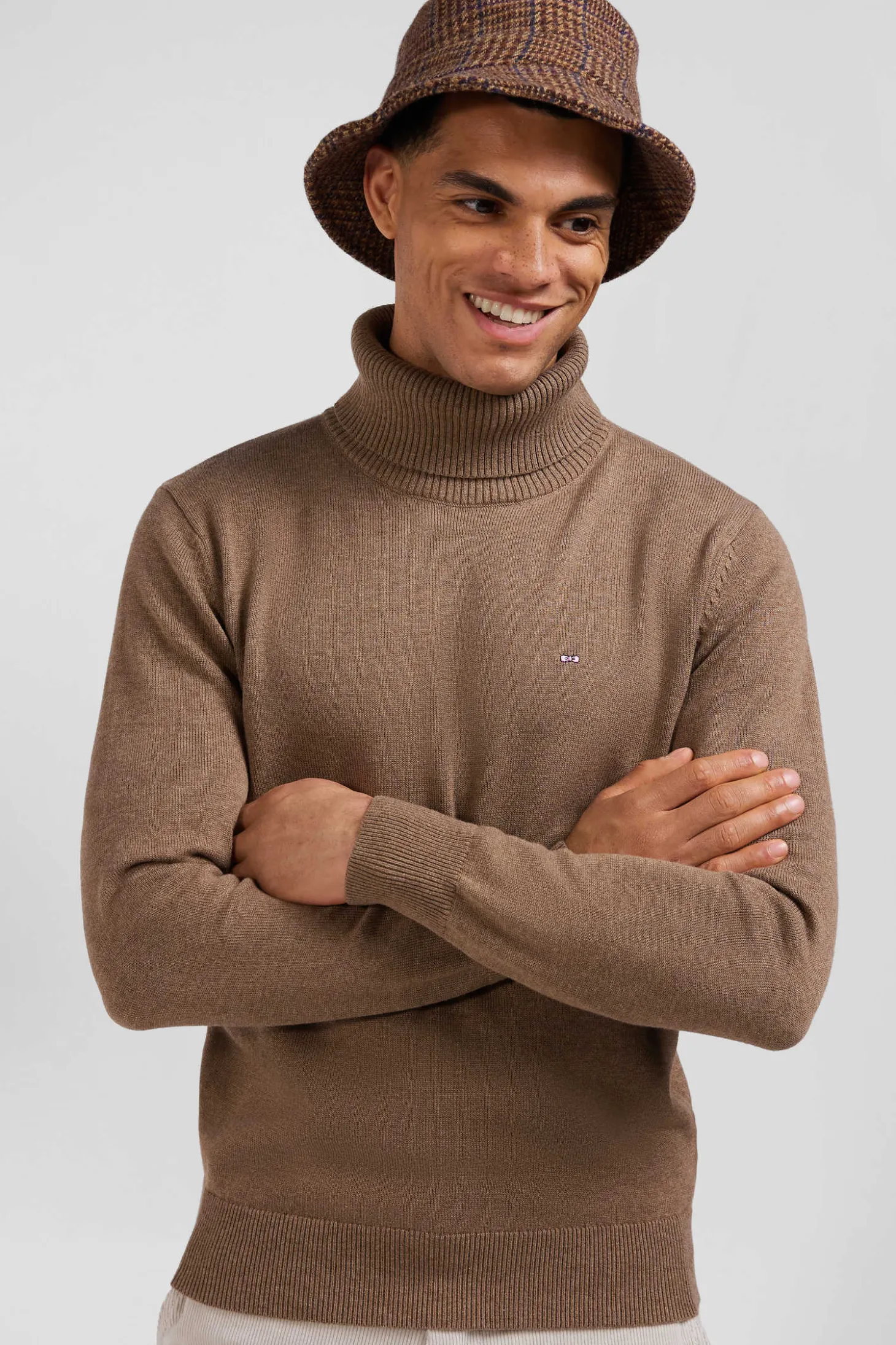 Regular camel wool and cotton turtleneck jumper