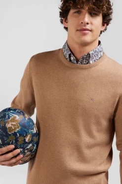 Regular camel wool and cotton crew neck jumper