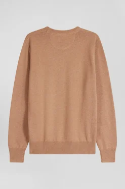 Regular camel wool and cotton crew neck jumper