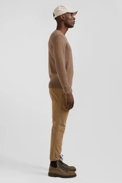 Regular camel wool and cotton V-neck jumper with striped details