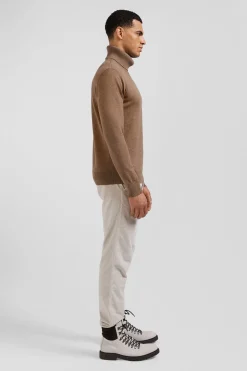 Regular camel wool and cotton turtleneck jumper