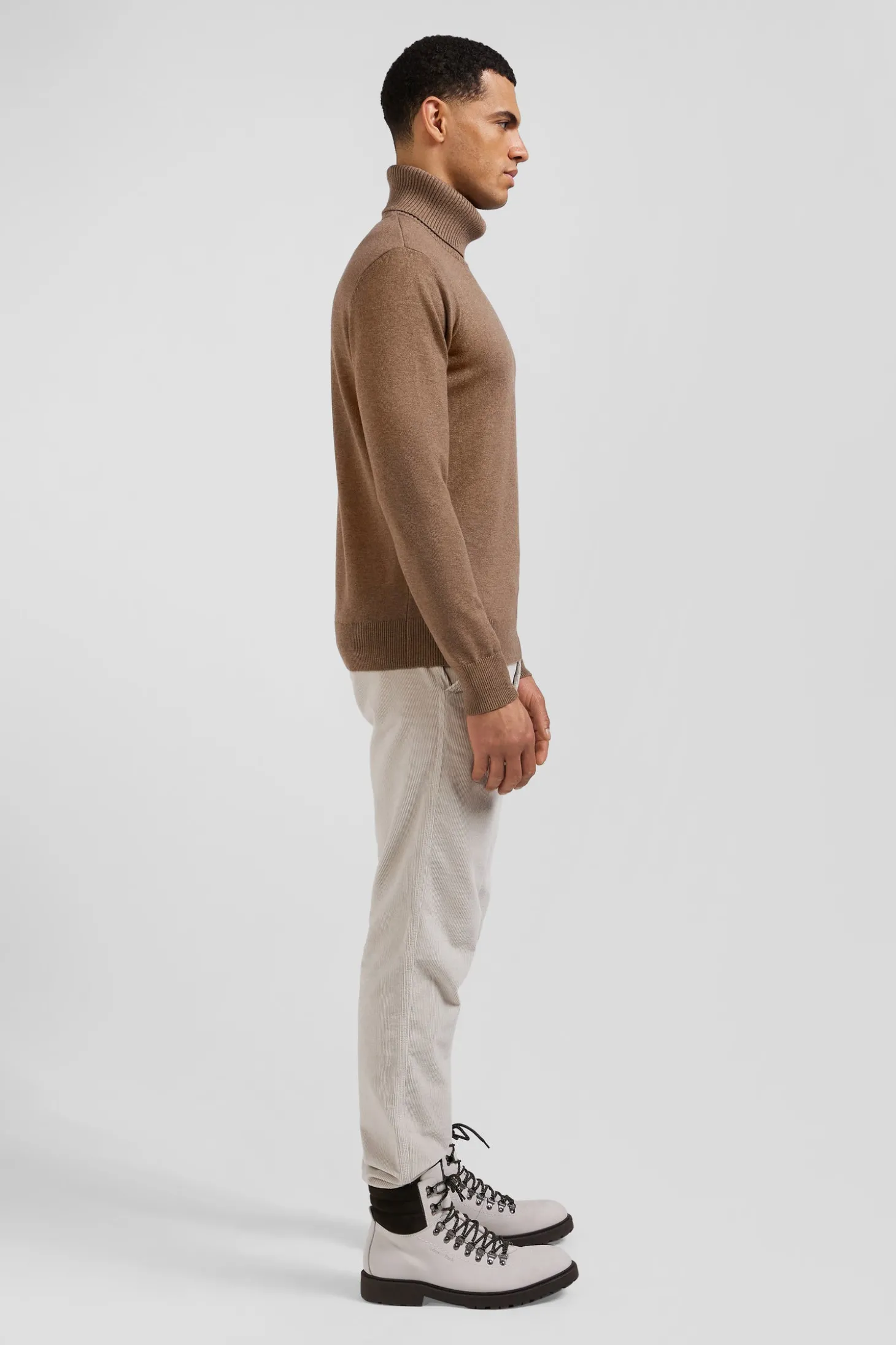 Regular camel wool and cotton turtleneck jumper