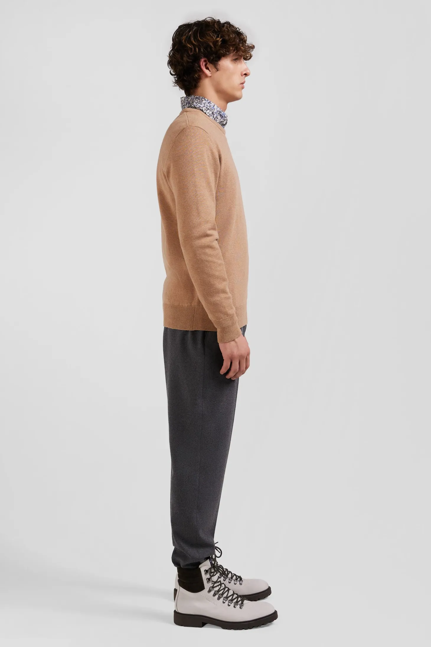 Regular camel wool and cotton crew neck jumper