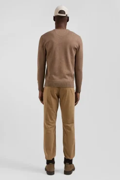 Regular camel wool and cotton V-neck jumper with striped details