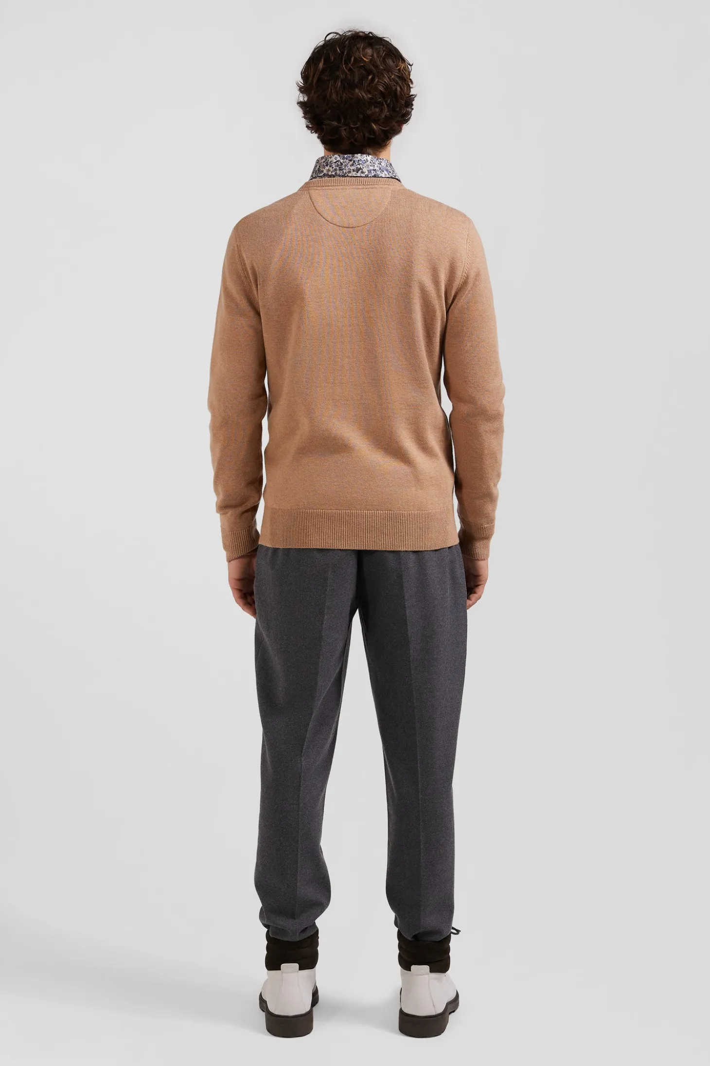 Regular camel wool and cotton crew neck jumper