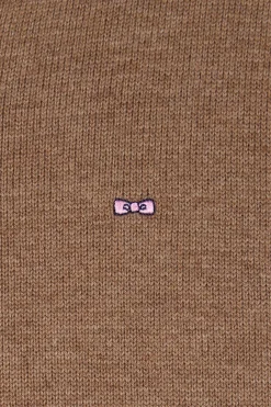 Regular camel wool and cotton V-neck jumper with striped details