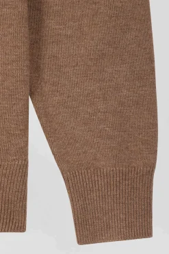 Regular camel wool and cotton V-neck jumper with striped details