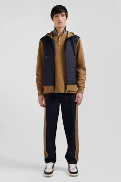 Regular camel zipped bi-material sweatshirt with padded front