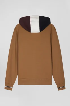 Regular camel zipped bi-material sweatshirt with padded front