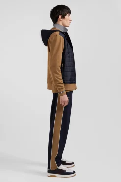 Regular camel zipped bi-material sweatshirt with padded front