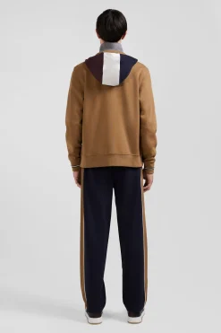 Regular camel zipped bi-material sweatshirt with padded front