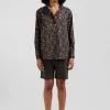 Regular collarless black floral microprinted cotton poplin shirt