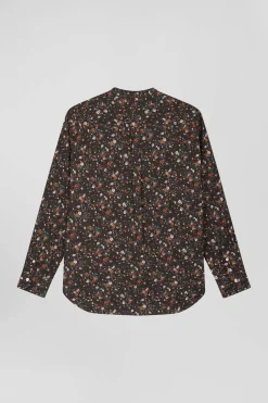 Regular collarless black floral microprinted cotton poplin shirt