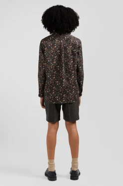 Regular collarless black floral microprinted cotton poplin shirt