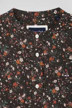 Regular collarless black floral microprinted cotton poplin shirt