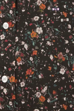 Regular collarless black floral microprinted cotton poplin shirt