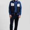 Regular dark blue cotton blend hoodie with padded front