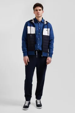 Regular dark blue cotton blend hoodie with padded front