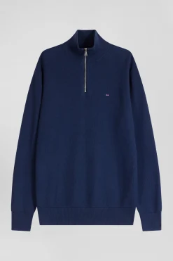 Regular dark blue cotton semi-zipped jumper