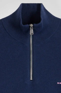 Regular dark blue cotton semi-zipped jumper