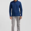 Regular dark blue long-sleeved cotton piqué polo shirt with striped collar