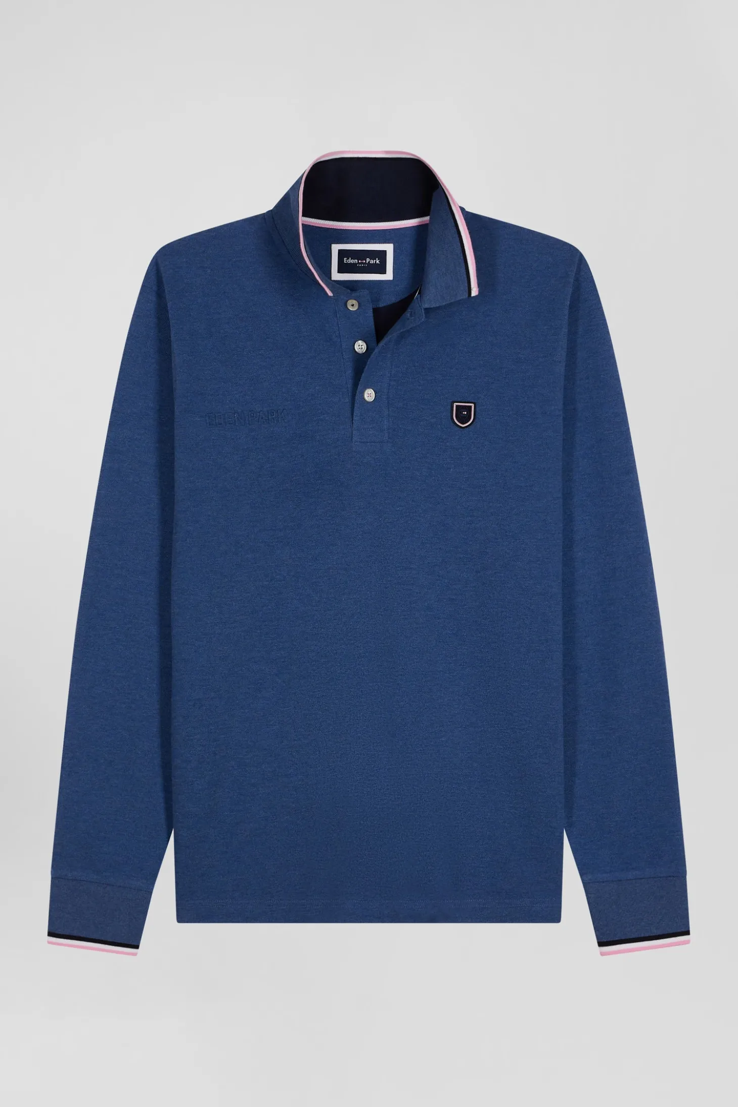 Regular dark blue long-sleeved cotton piqué polo shirt with tricolor details