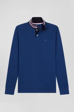 Regular dark blue long-sleeved cotton piqué polo shirt with striped collar