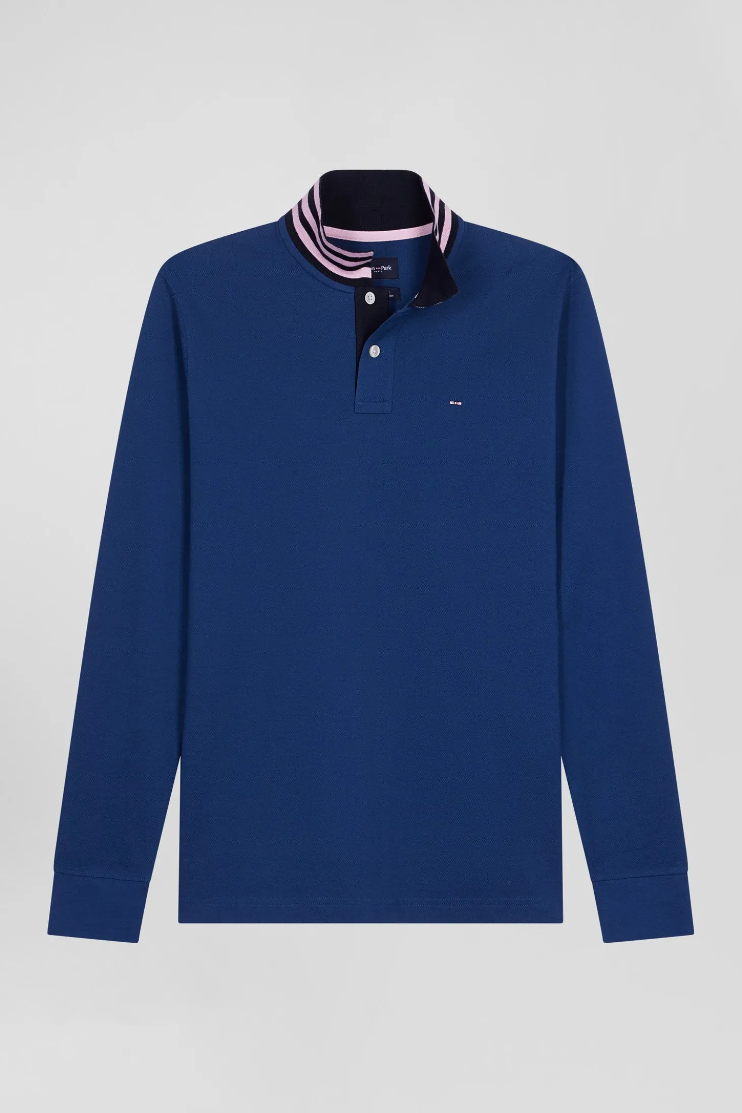 Regular dark blue long-sleeved cotton piqué polo shirt with striped collar