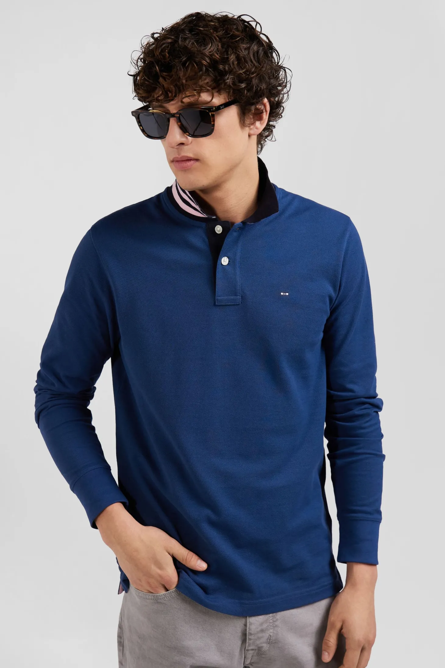 Regular dark blue long-sleeved cotton piqué polo shirt with striped collar