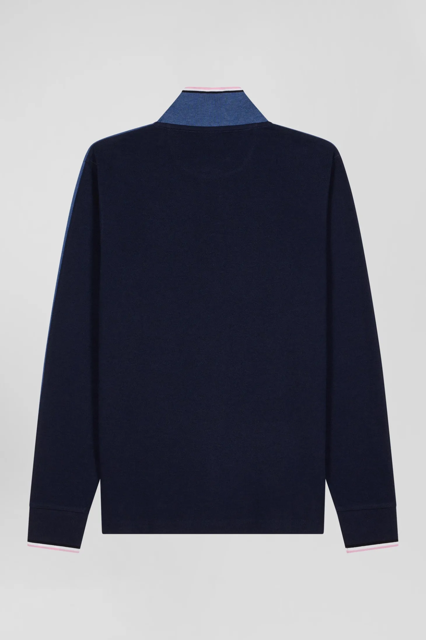Regular dark blue long-sleeved cotton piqué polo shirt with tricolor details