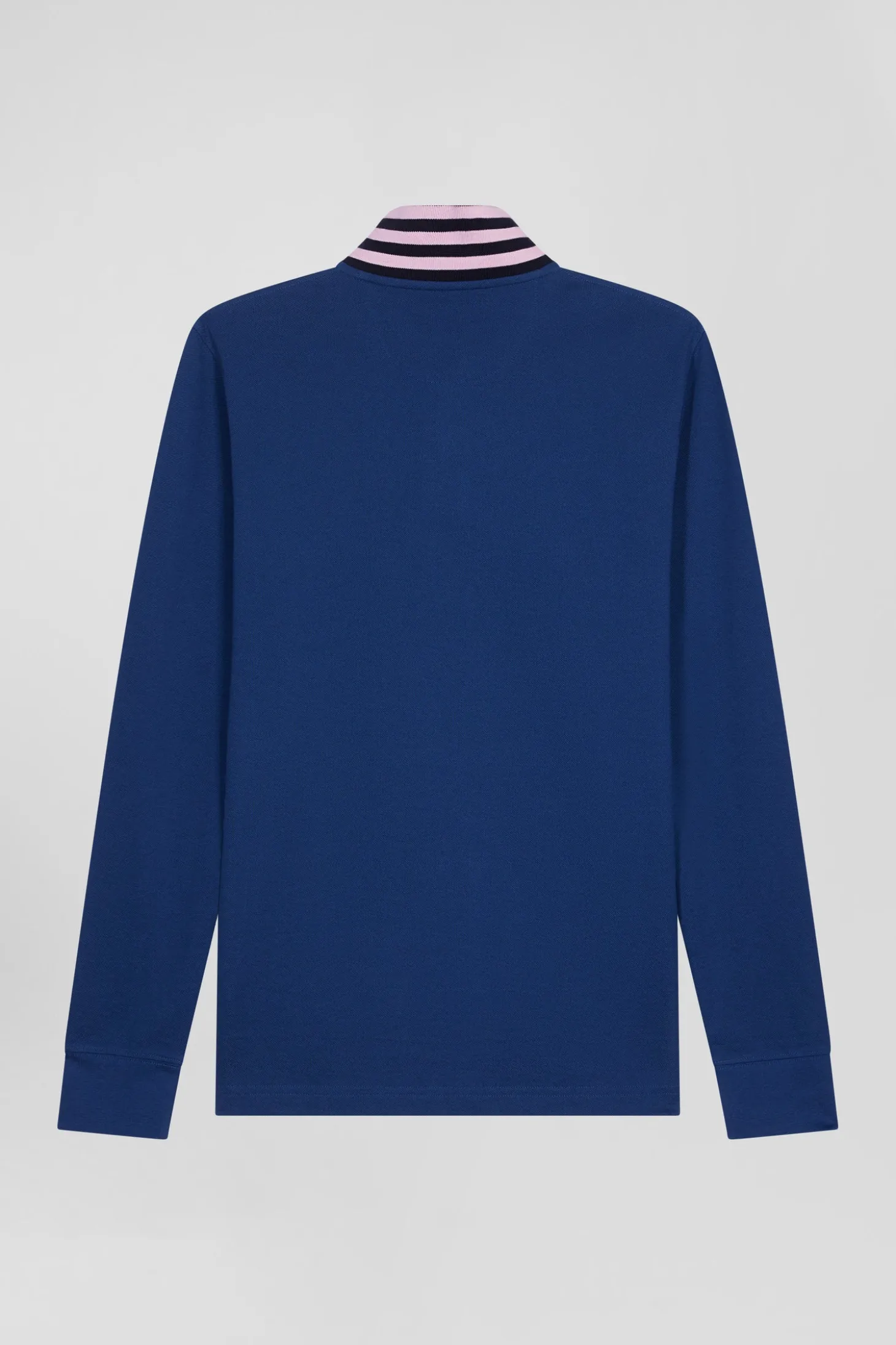 Regular dark blue long-sleeved cotton piqué polo shirt with striped collar