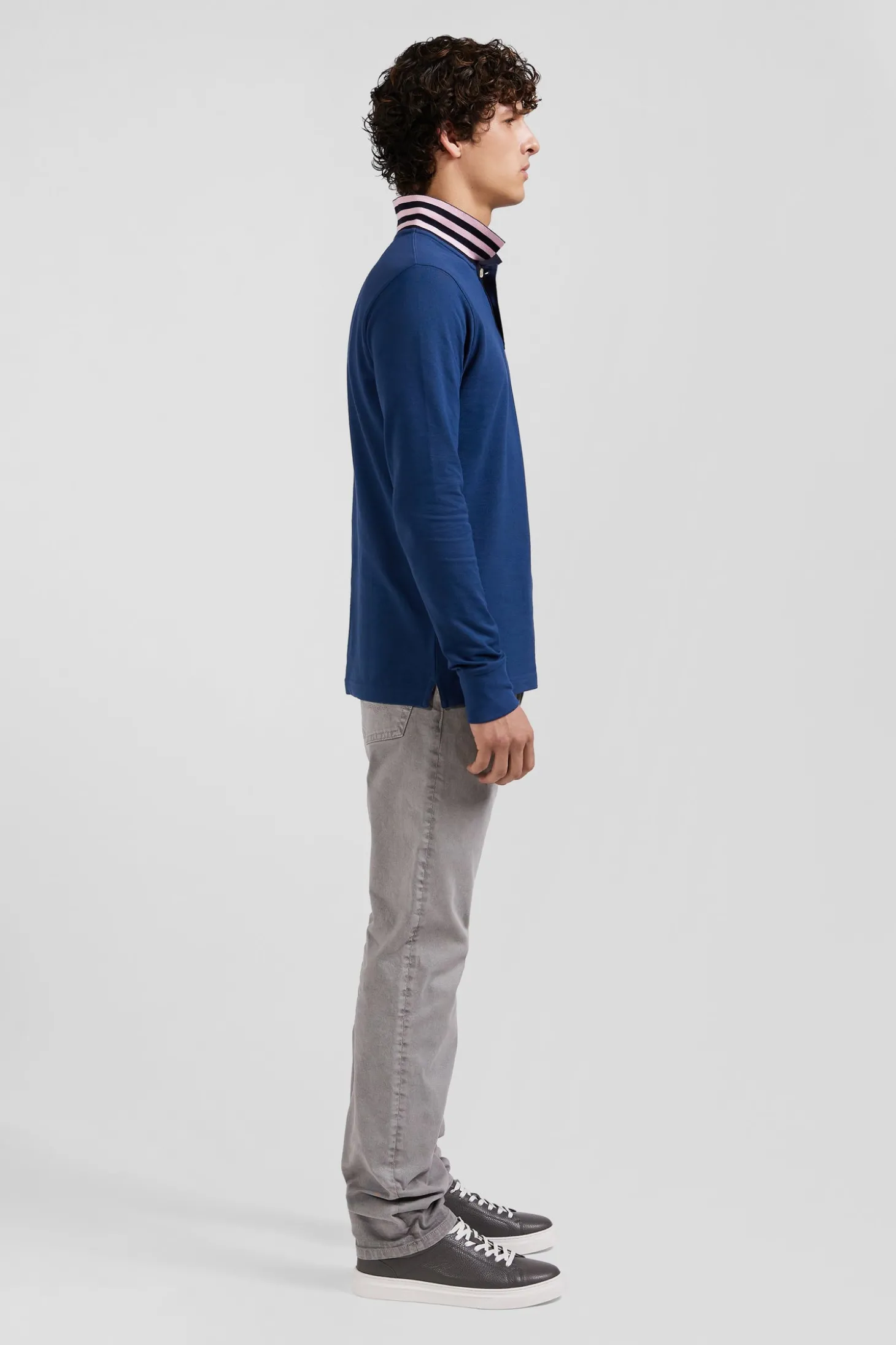Regular dark blue long-sleeved cotton piqué polo shirt with striped collar