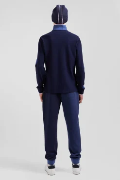 Regular dark blue long-sleeved cotton piqué polo shirt with tricolor details