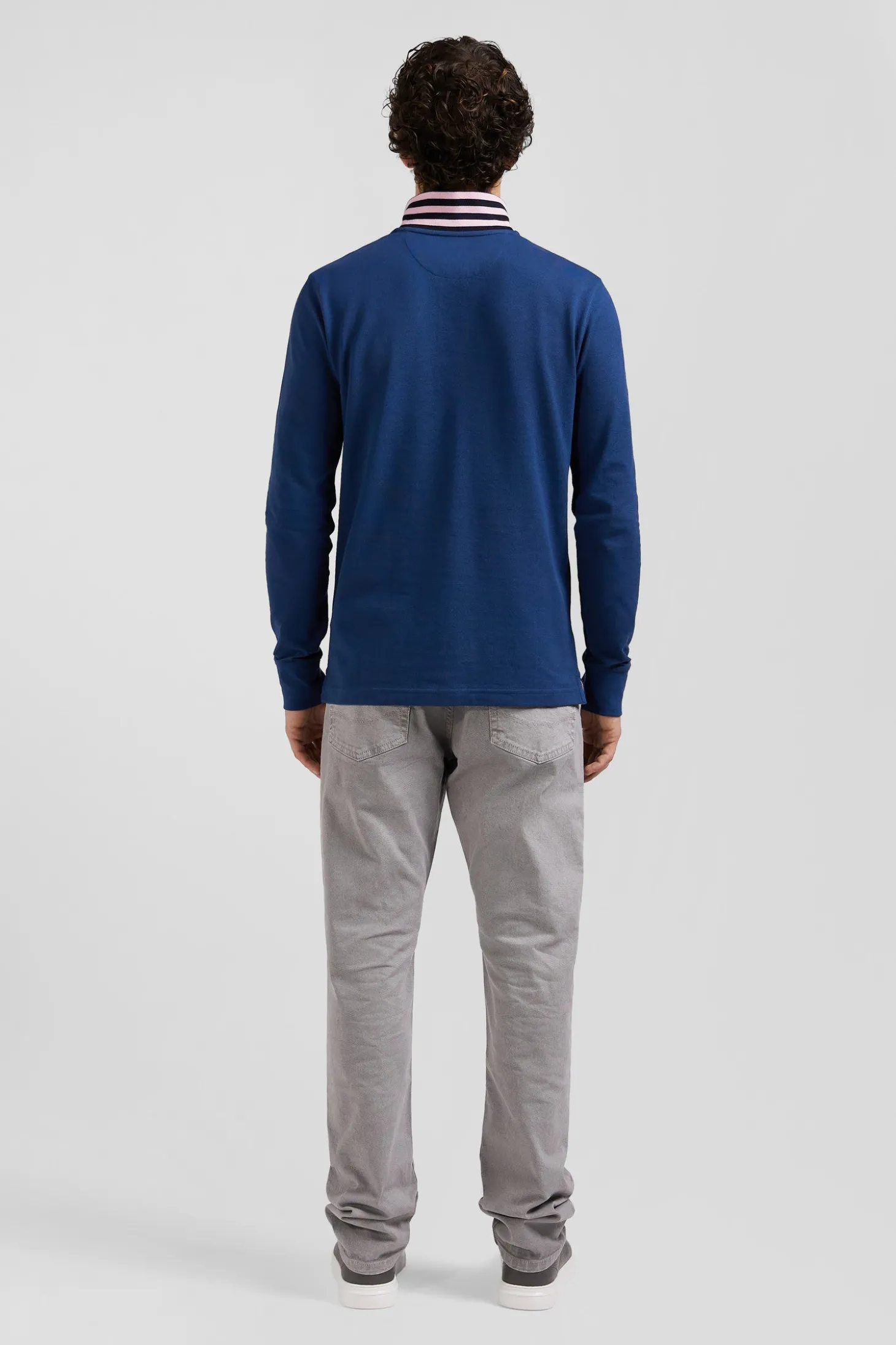 Regular dark blue long-sleeved cotton piqué polo shirt with striped collar