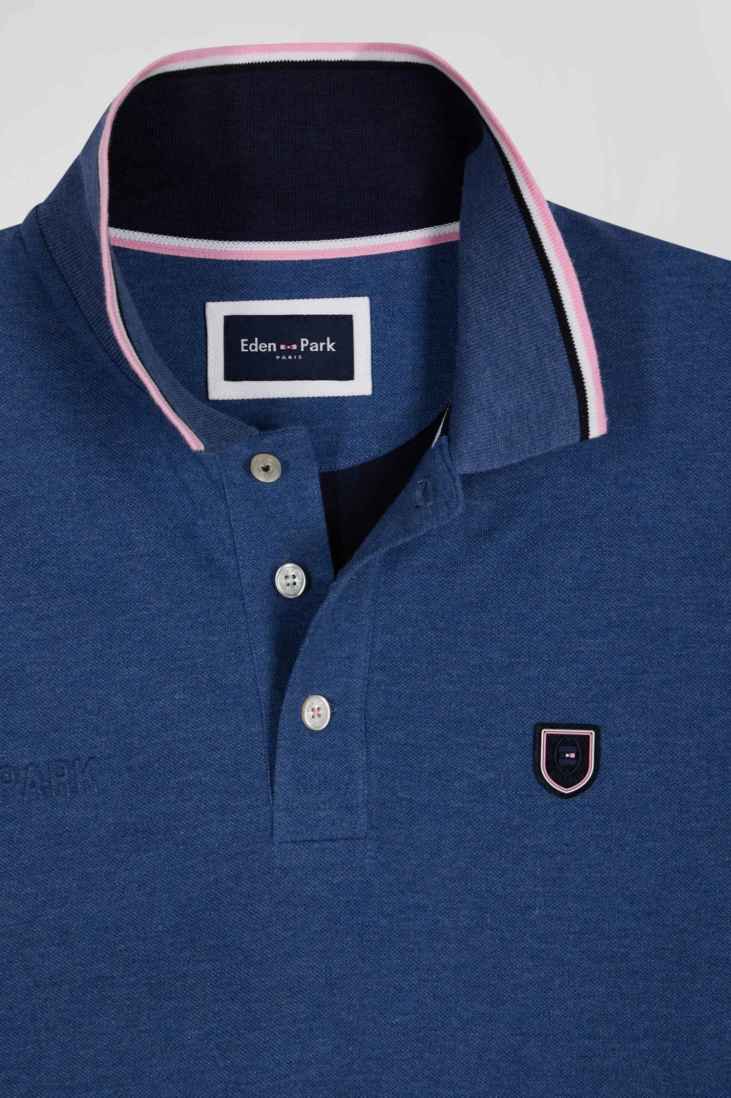 Regular dark blue long-sleeved cotton piqué polo shirt with tricolor details