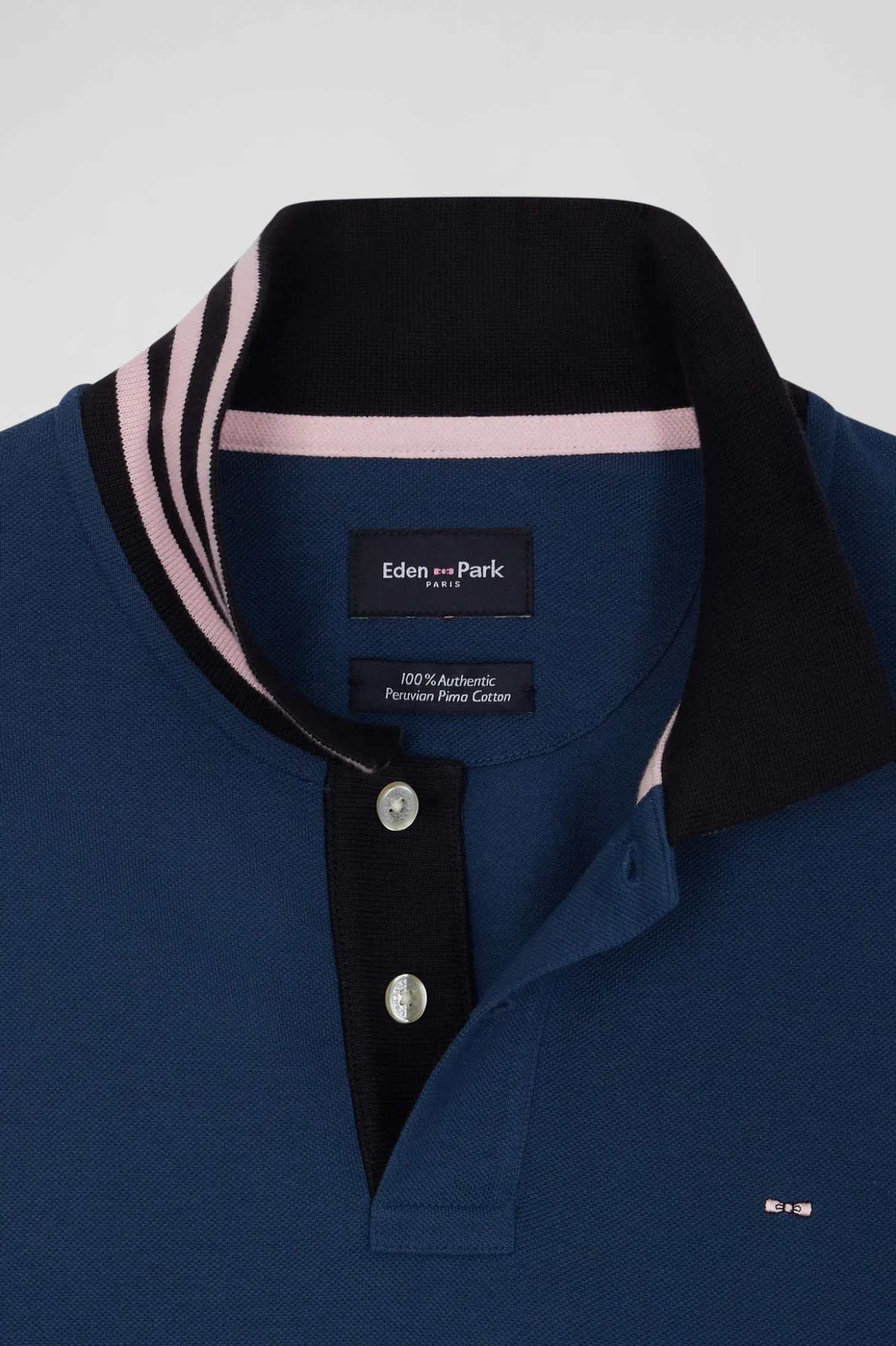 Regular dark blue long-sleeved cotton piqué polo shirt with striped collar