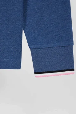 Regular dark blue long-sleeved cotton piqué polo shirt with tricolor details